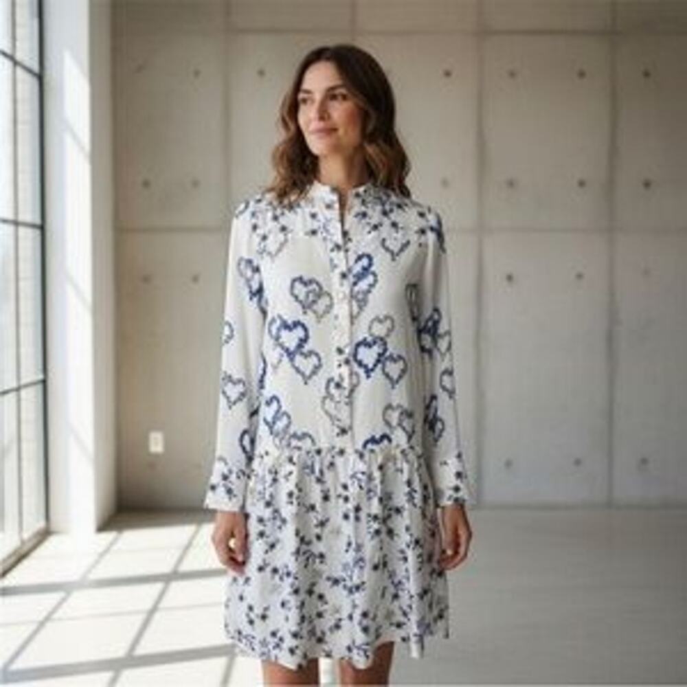 Sandro Paris Heart Print Long Sleeve Mini Shirt Dress White Blue Silk EU 38 M
